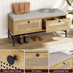 Banc à chaussures en rotin marron avec coussin, tiroir et étagère – 1 place