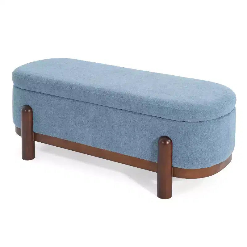 Pouffe de rangement ovale beige/bleu, similicuir et tissu, 2 places