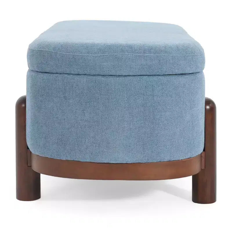 Pouffe de rangement ovale beige/bleu, similicuir et tissu, 2 places