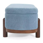 Pouffe de rangement ovale beige/bleu, similicuir et tissu, 2 places