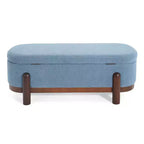 Pouffe de rangement ovale beige/bleu, similicuir et tissu, 2 places