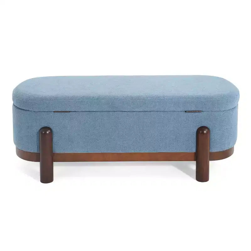 Pouffe de rangement ovale beige/bleu, similicuir et tissu, 2 places