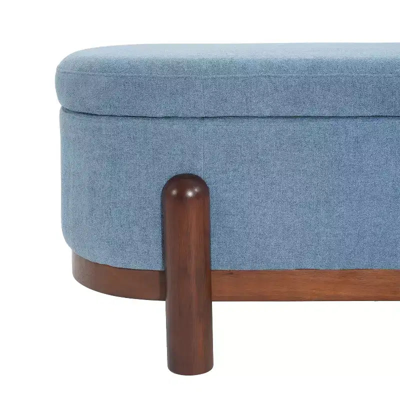 Pouffe de rangement ovale beige/bleu, similicuir et tissu, 2 places