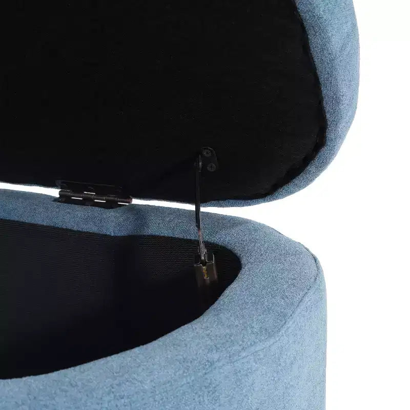 Pouffe de rangement ovale beige/bleu, similicuir et tissu, 2 places