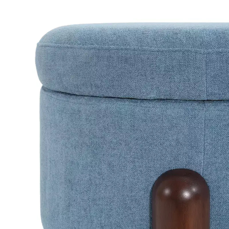 Pouffe de rangement ovale beige/bleu, similicuir et tissu, 2 places