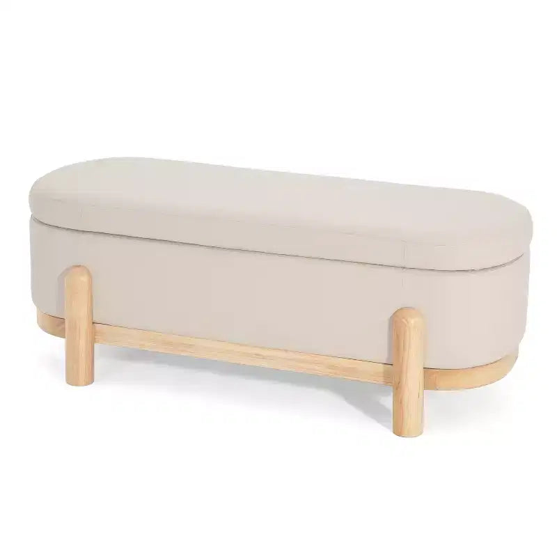 Pouffe de rangement ovale beige/bleu, similicuir et tissu, 2 places