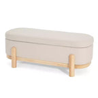 Pouffe de rangement ovale beige/bleu, similicuir et tissu, 2 places