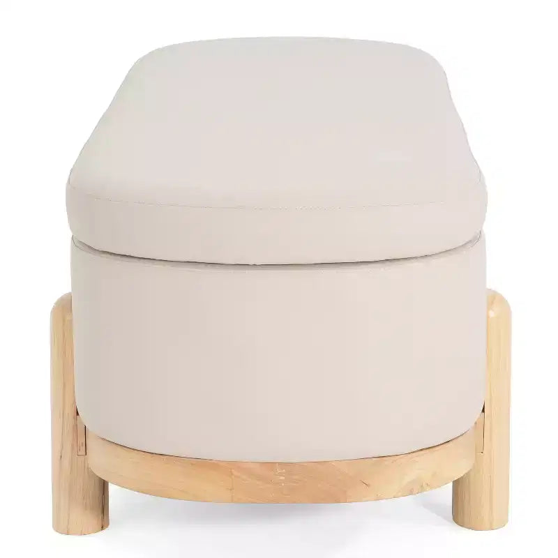Pouffe de rangement ovale beige/bleu, similicuir et tissu, 2 places