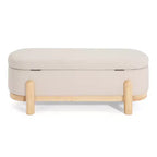 Pouffe de rangement ovale beige/bleu, similicuir et tissu, 2 places