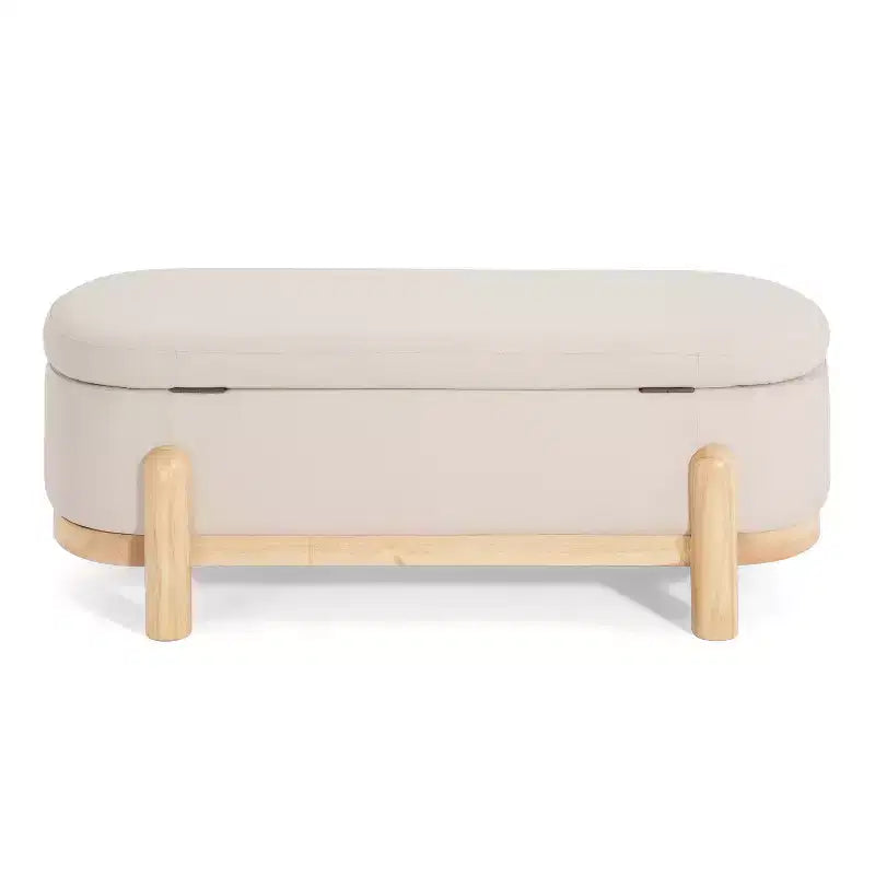 Pouffe de rangement ovale beige/bleu, similicuir et tissu, 2 places