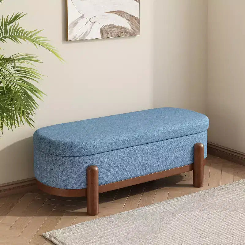 Pouffe de rangement ovale beige/bleu, similicuir et tissu, 2 places
