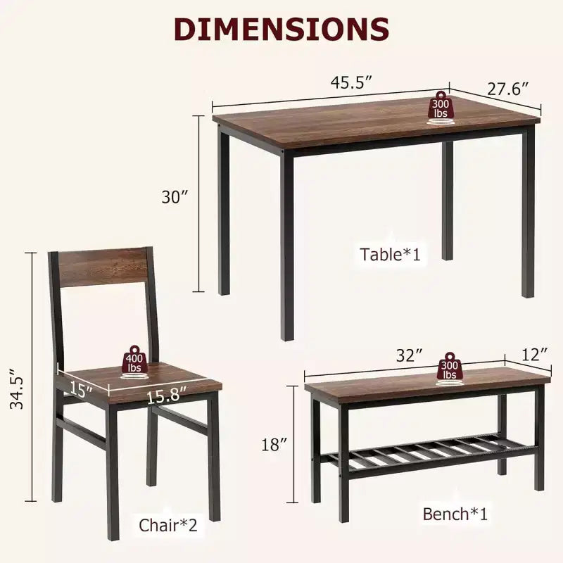 Ensemble de salle à manger rectangulaire noir/marron pour 4 personnes, 2 chaises et un banc