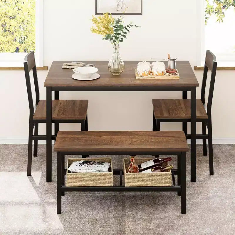Ensemble de salle à manger rectangulaire noir/marron pour 4 personnes, 2 chaises et un banc