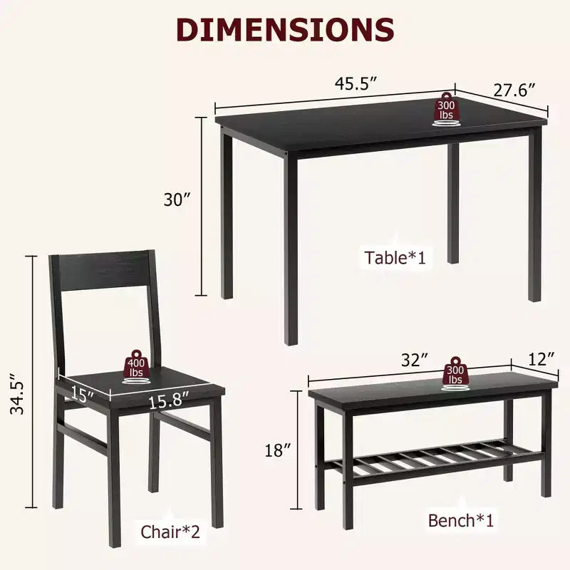 Ensemble de salle à manger rectangulaire noir/marron pour 4 personnes, 2 chaises et un banc