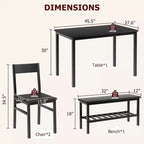 Ensemble de salle à manger rectangulaire noir/marron pour 4 personnes, 2 chaises et un banc