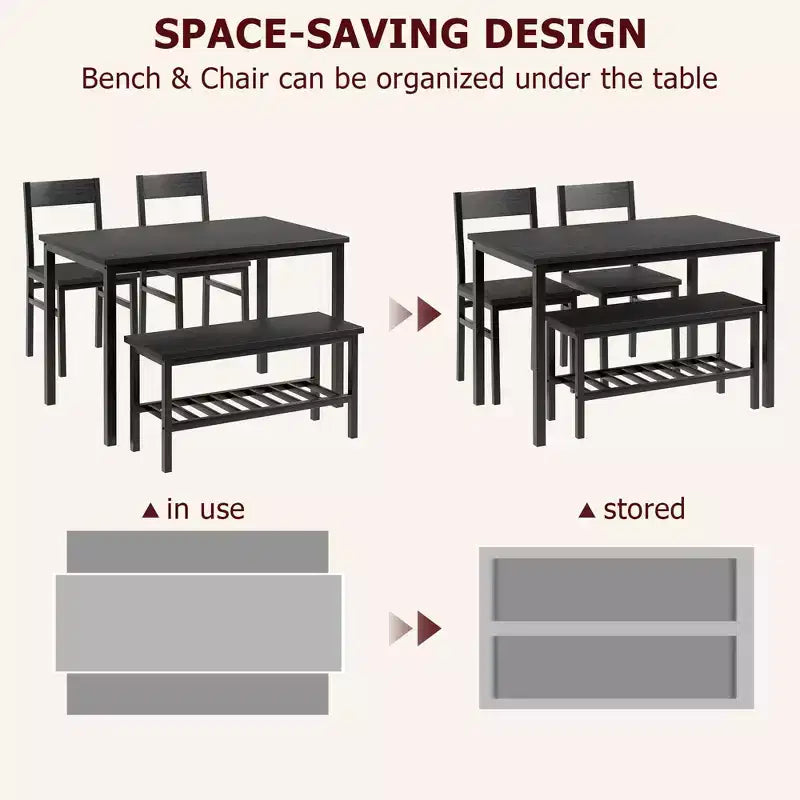Ensemble de salle à manger rectangulaire noir/marron pour 4 personnes, 2 chaises et un banc