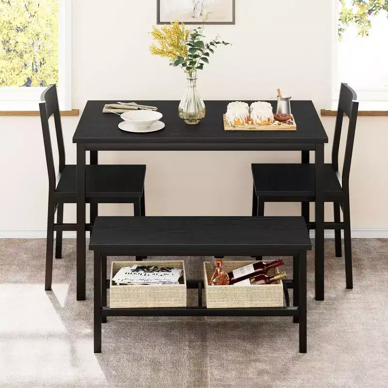 Ensemble de salle à manger rectangulaire noir/marron pour 4 personnes, 2 chaises et un banc