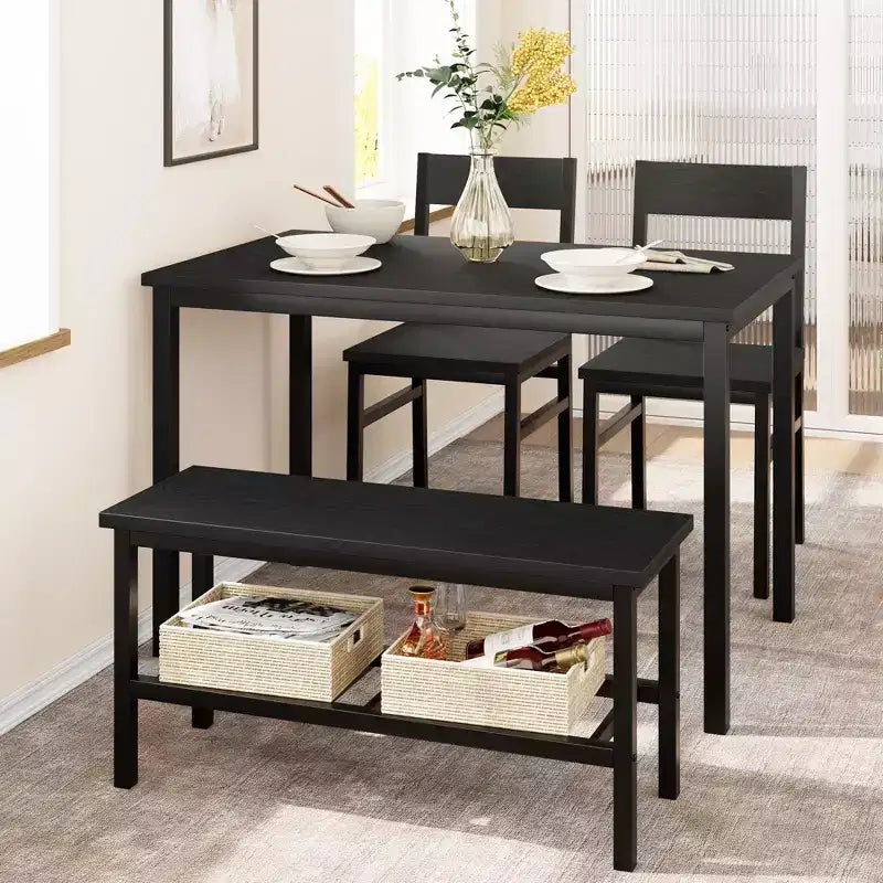Ensemble de salle à manger rectangulaire noir/marron pour 4 personnes, 2 chaises et un banc
