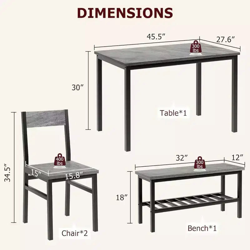Ensemble de salle à manger rectangulaire noir/marron pour 4 personnes, 2 chaises et un banc
