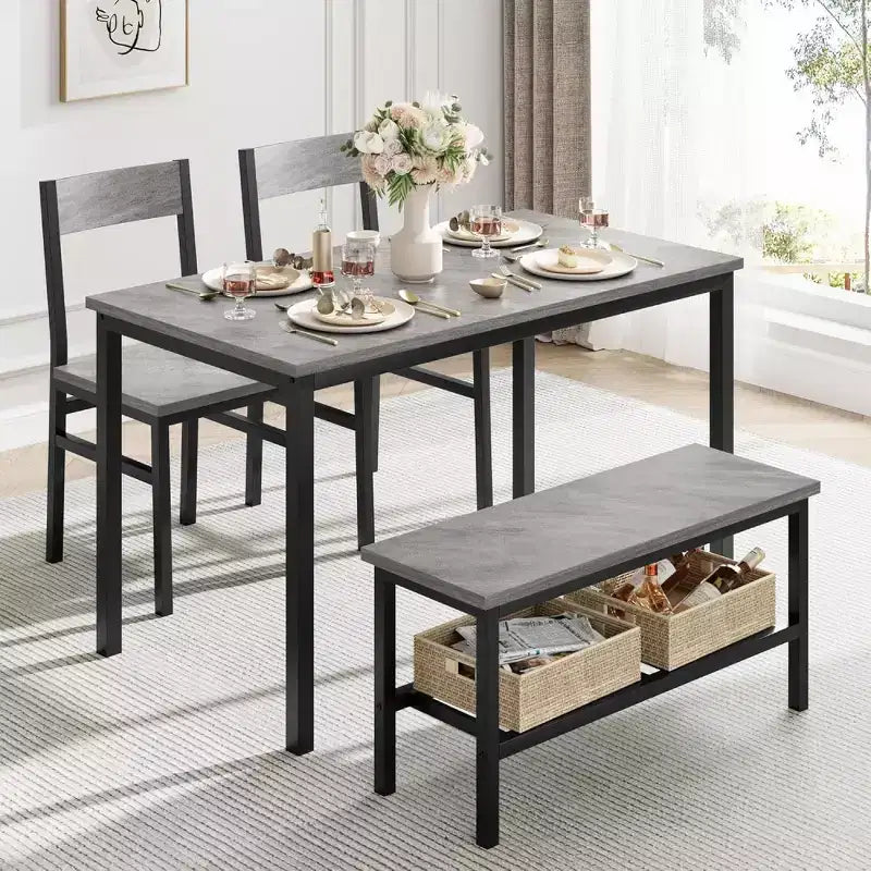 Ensemble de salle à manger rectangulaire noir/marron pour 4 personnes, 2 chaises et un banc