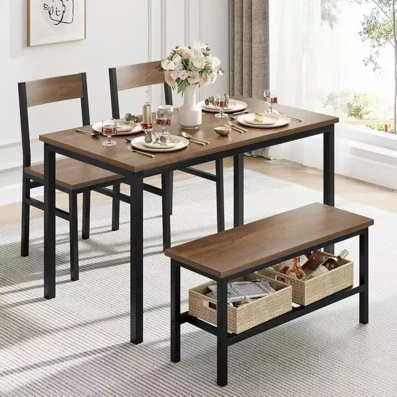 Ensemble de salle à manger rectangulaire noir/marron pour 4 personnes, 2 chaises et un banc