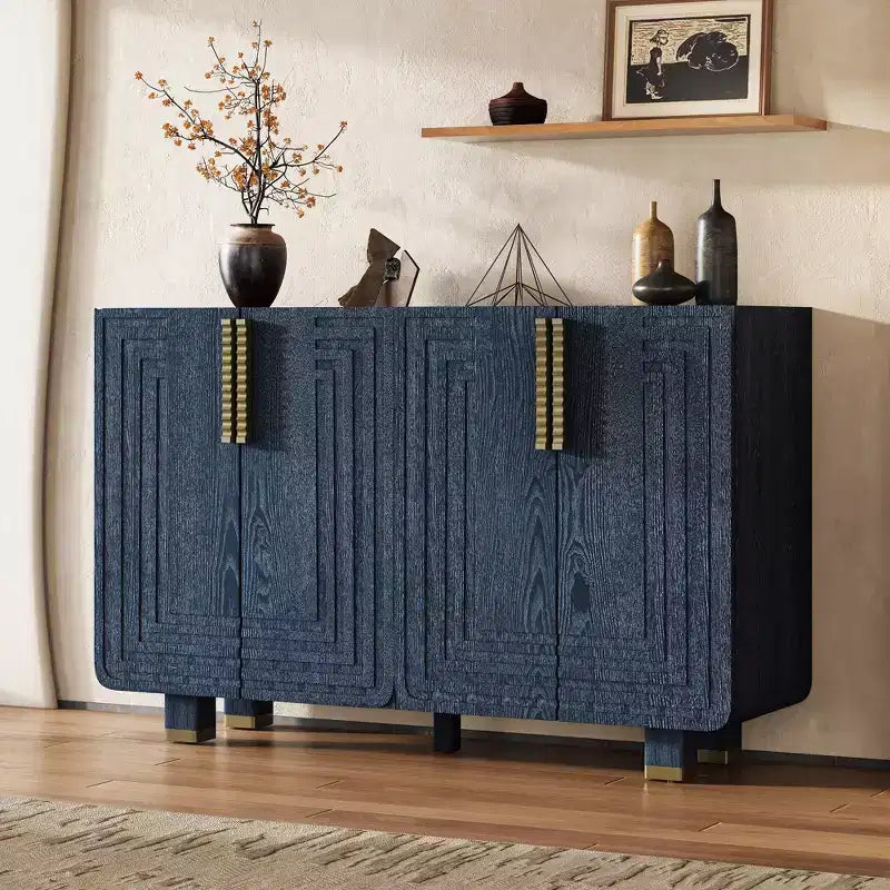 Meuble de rangement vintage à 4 portes, buffet rétro en bois, bahut avec étagères réglables, bleu marine antique/noir - ModernLuxe