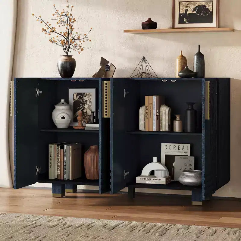 Meuble de rangement vintage à 4 portes, buffet rétro en bois, bahut avec étagères réglables, bleu marine antique/noir - ModernLuxe