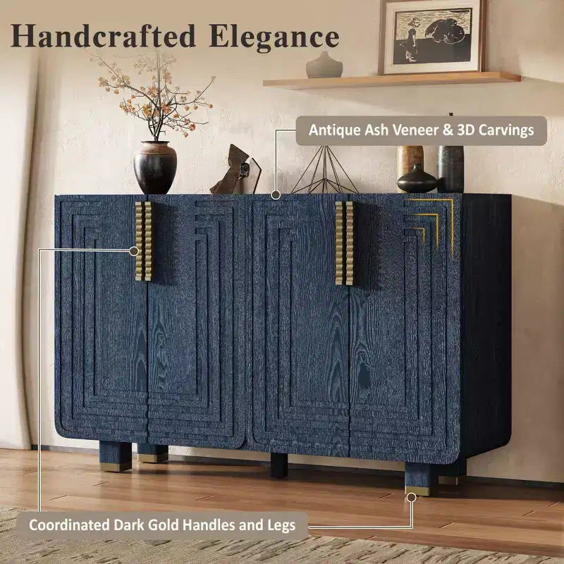 Meuble de rangement vintage à 4 portes, buffet rétro en bois, bahut avec étagères réglables, bleu marine antique/noir - ModernLuxe