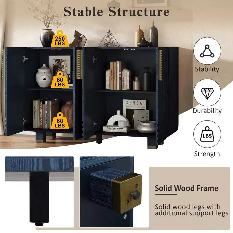 Meuble de rangement vintage à 4 portes, buffet rétro en bois, bahut avec étagères réglables, bleu marine antique/noir - ModernLuxe