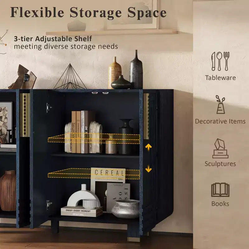 Meuble de rangement vintage à 4 portes, buffet rétro en bois, bahut avec étagères réglables, bleu marine antique/noir - ModernLuxe