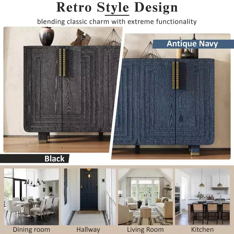 Meuble de rangement vintage à 4 portes, buffet rétro en bois, bahut avec étagères réglables, bleu marine antique/noir - ModernLuxe