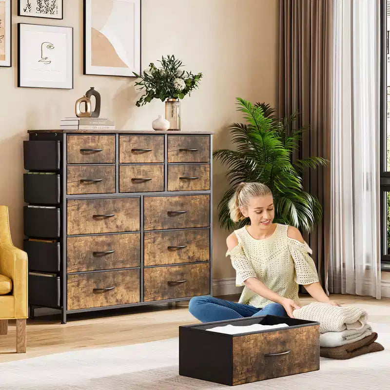 Commode à 12 tiroirs, commode en tissu avec poches latérales et crochets, tour de rangement avec pieds réglables