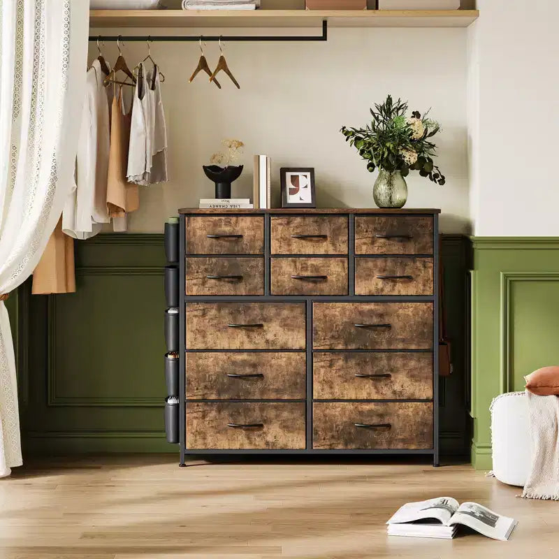 Commode à 12 tiroirs, commode en tissu avec poches latérales et crochets, tour de rangement avec pieds réglables