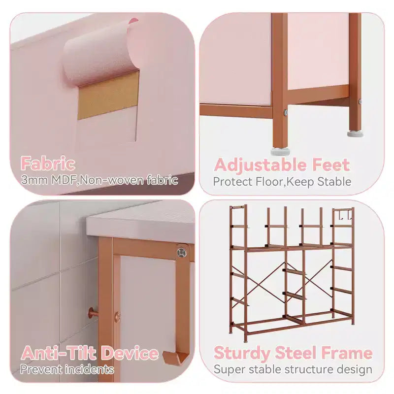 Commode à 12 tiroirs, commode en tissu avec poches latérales et crochets, tour de rangement avec pieds réglables