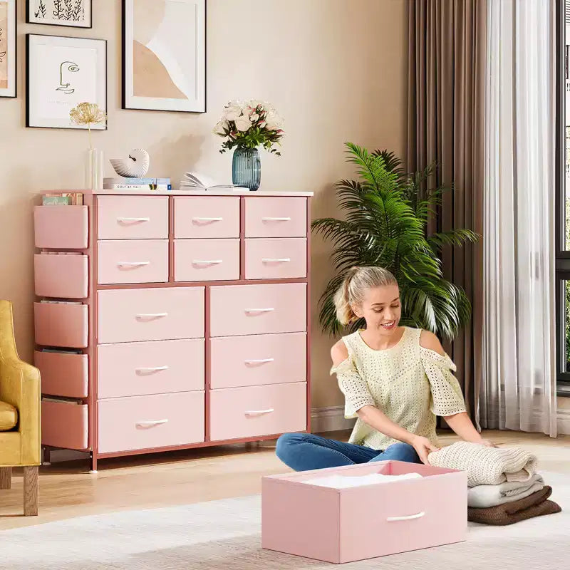 Commode à 12 tiroirs, commode en tissu avec poches latérales et crochets, tour de rangement avec pieds réglables
