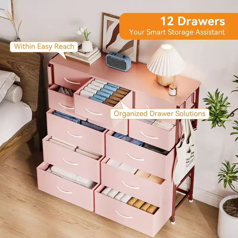 Commode à 12 tiroirs, commode en tissu avec poches latérales et crochets, tour de rangement avec pieds réglables
