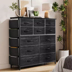 12-Drawer Dresser, Fabric Dresser with Side Pockets and Hooks, Storage Tower with Adjustable Feet