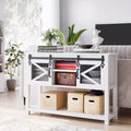 Farmhouse Entryway Table with Sliding Barn Doors, Industrial Rustic Console Tables with Storage and Open Shelf, Sofa Table