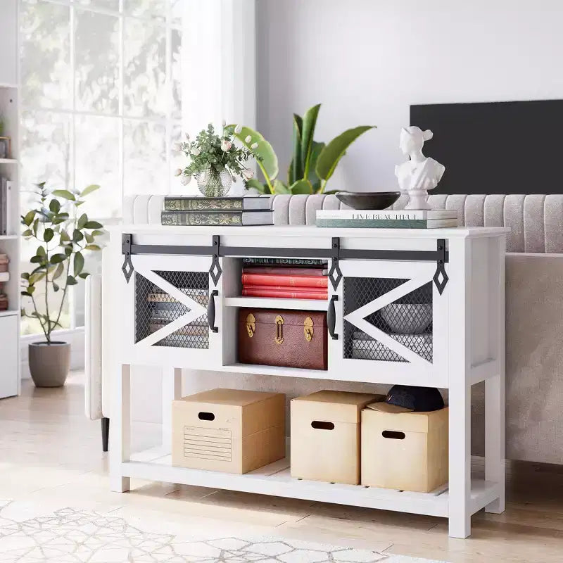 Farmhouse Entryway Table with Sliding Barn Doors, Industrial Rustic Console Tables with Storage and Open Shelf, Sofa Table