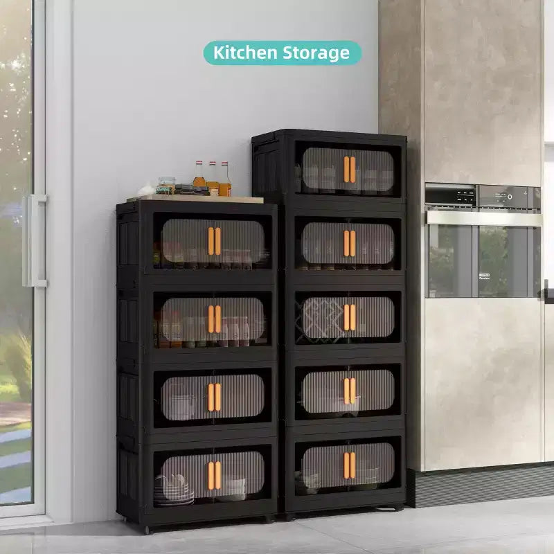 MAYEERTY 5 Étages en Plastique Armoires de Rangement Pliantes avec Portes Magnétiques Roues, Organisateurs de Placard et Conteneurs de Rangement Noirs pour Petit Espace