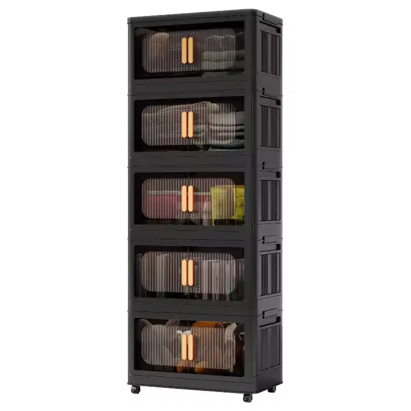 MAYEERTY 5 Étages en Plastique Armoires de Rangement Pliantes avec Portes Magnétiques Roues, Organisateurs de Placard et Conteneurs de Rangement Noirs pour Petit Espace