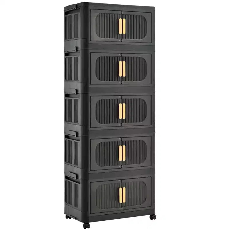 MAYEERTY 5 Étages en Plastique Armoires de Rangement Pliantes avec Portes Magnétiques Roues, Organisateurs de Placard et Conteneurs de Rangement Noirs pour Petit Espace