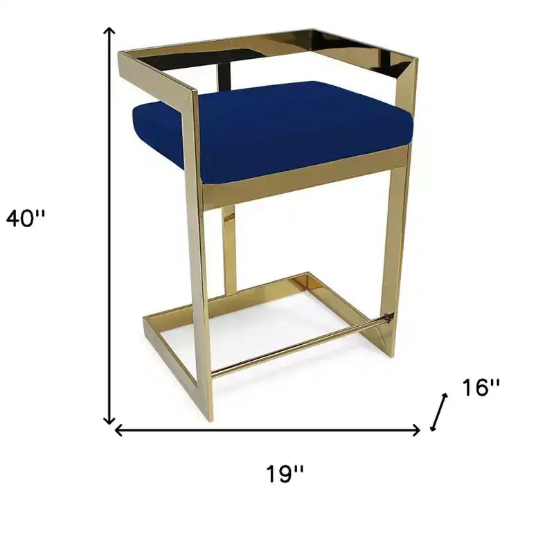 Chaise de bar HomeRoots 30, dossier bas, en métal et velours, bleu et doré