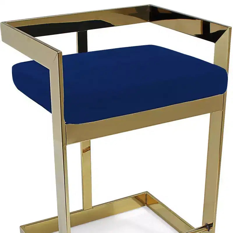 Chaise de bar HomeRoots 30, dossier bas, en métal et velours, bleu et doré