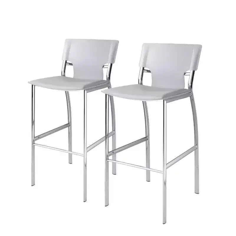 HomeRoots Set of Two 29 White and Silver Metal and Faux Leather Low Back Bar Height Bar Chairs