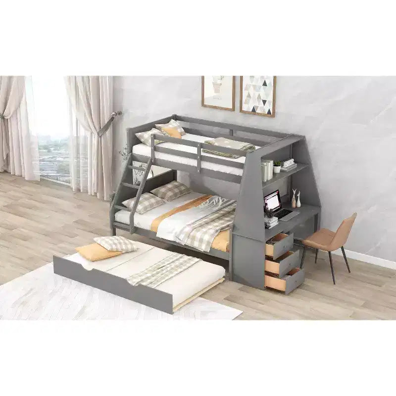 Lit superposé multifonctionnel Okak double/complet avec lit gigogne et 3 tiroirs, lit mezzanine avec bureau et étagère intégrés, en bois de pin pour enfants et adolescents, facile à assembler