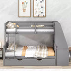 Lit superposé multifonctionnel Okak double/complet avec lit gigogne et 3 tiroirs, lit mezzanine avec bureau et étagère intégrés, en bois de pin pour enfants et adolescents, facile à assembler