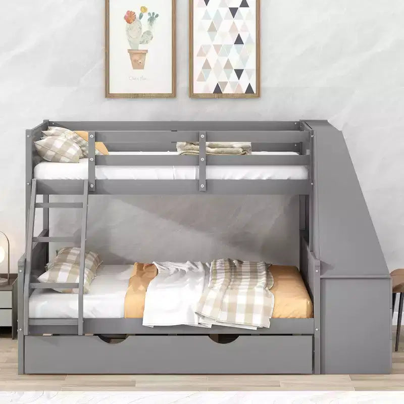 Lit superposé multifonctionnel Okak double/complet avec lit gigogne et 3 tiroirs, lit mezzanine avec bureau et étagère intégrés, en bois de pin pour enfants et adolescents, facile à assembler