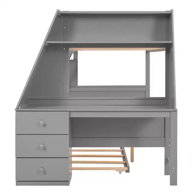 Lit superposé multifonctionnel Okak double/complet avec lit gigogne et 3 tiroirs, lit mezzanine avec bureau et étagère intégrés, en bois de pin pour enfants et adolescents, facile à assembler
