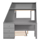 Lit superposé multifonctionnel Okak double/complet avec lit gigogne et 3 tiroirs, lit mezzanine avec bureau et étagère intégrés, en bois de pin pour enfants et adolescents, facile à assembler